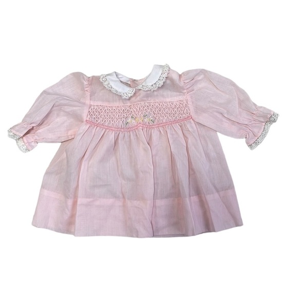 Polly Flinders Handsmocked Infant Dress Vintage 3-9M Pink Lace Floral Collar - Picture 1 of 12